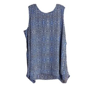 Fever Blue and White Geometric & Hearts Sleeveless Blouse W/ Keyhole